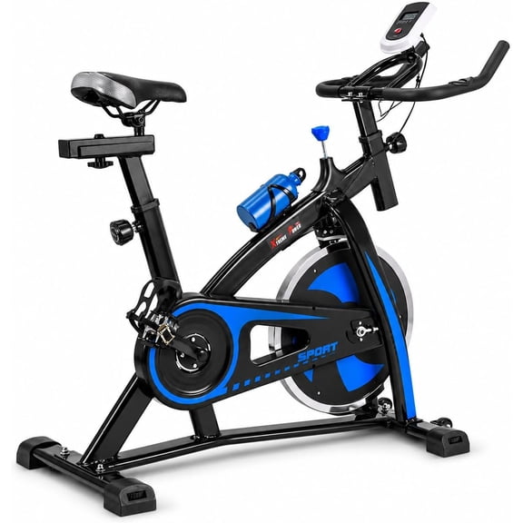XtremepowerUS Stationary Exercise Bicycle Bike Cycling Cardio Health Workout Fitness with Bottle Holder Heart Pulse, Blue