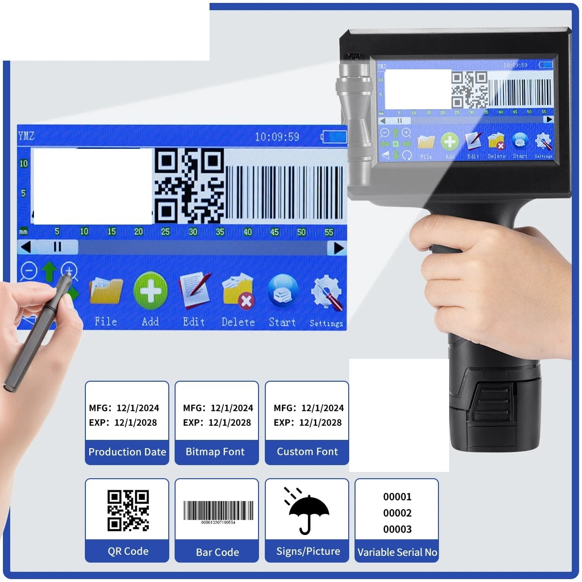 12.7mm QR Code Number Date Portable Printer Metal Plastic Bags Bottle Handheld Thermal Inkjet Printer ,Widely Use