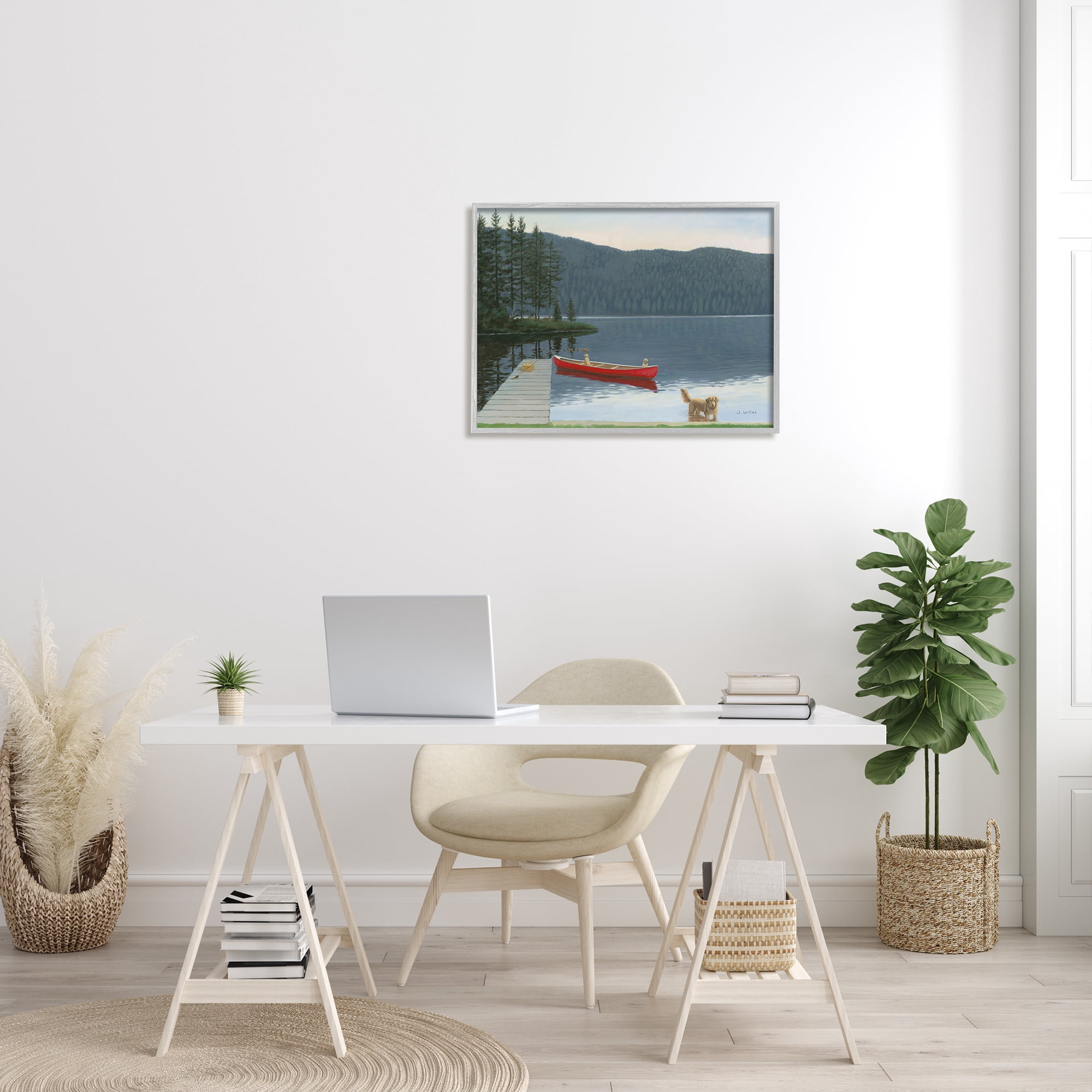 Stupell Industries Docked Row Boat Lake Forest Landscape Pet Dogs, 30 x 24, Design by James Wiens