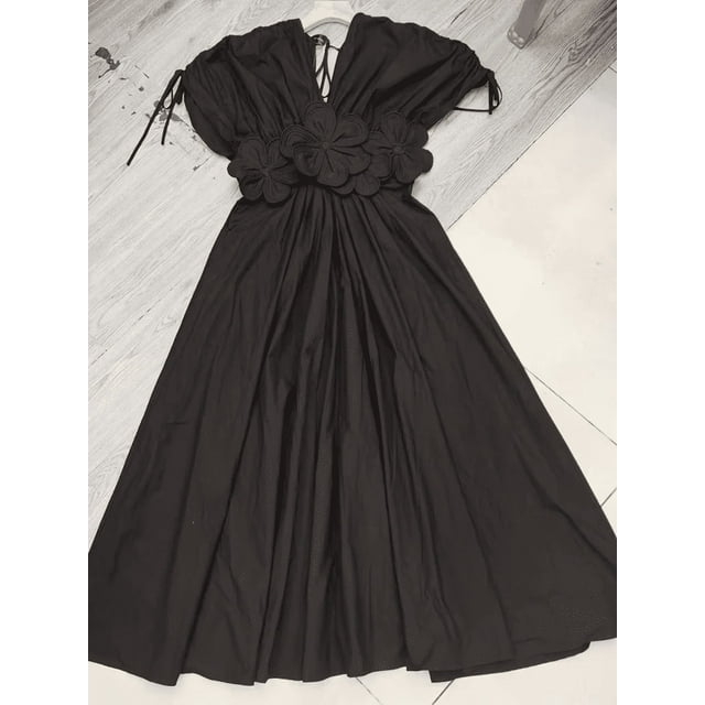 Vestido largo elegante 3d con flores plisado liso para mujer, vestido elegante con cuello en V, manga corta, cordón, batas con cordones, ropa de calle de verano para mujer