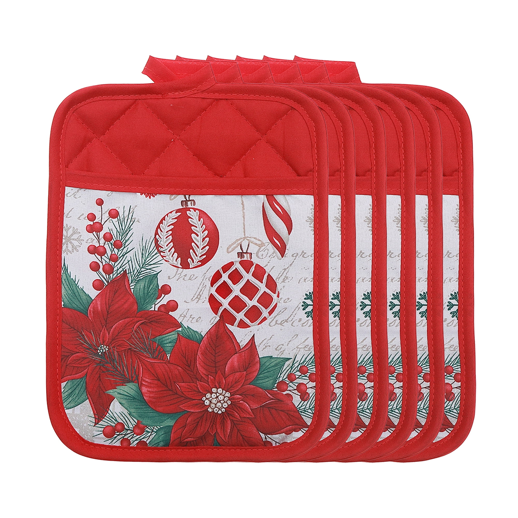 Pot Holder With Pocket (Poinsettia W/ Ornaments) - Set of 6