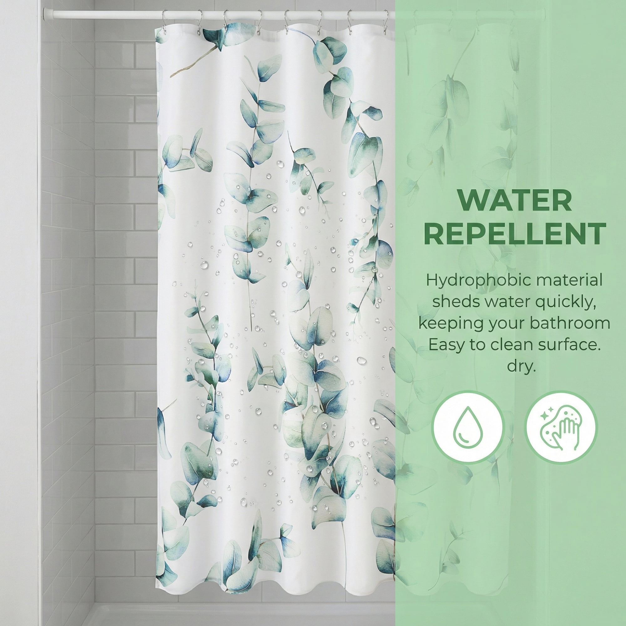 Unique Bargains Waterproof Leaf Shower Curtain Sets Hooks Green Pattern 3 71"W x 71"L