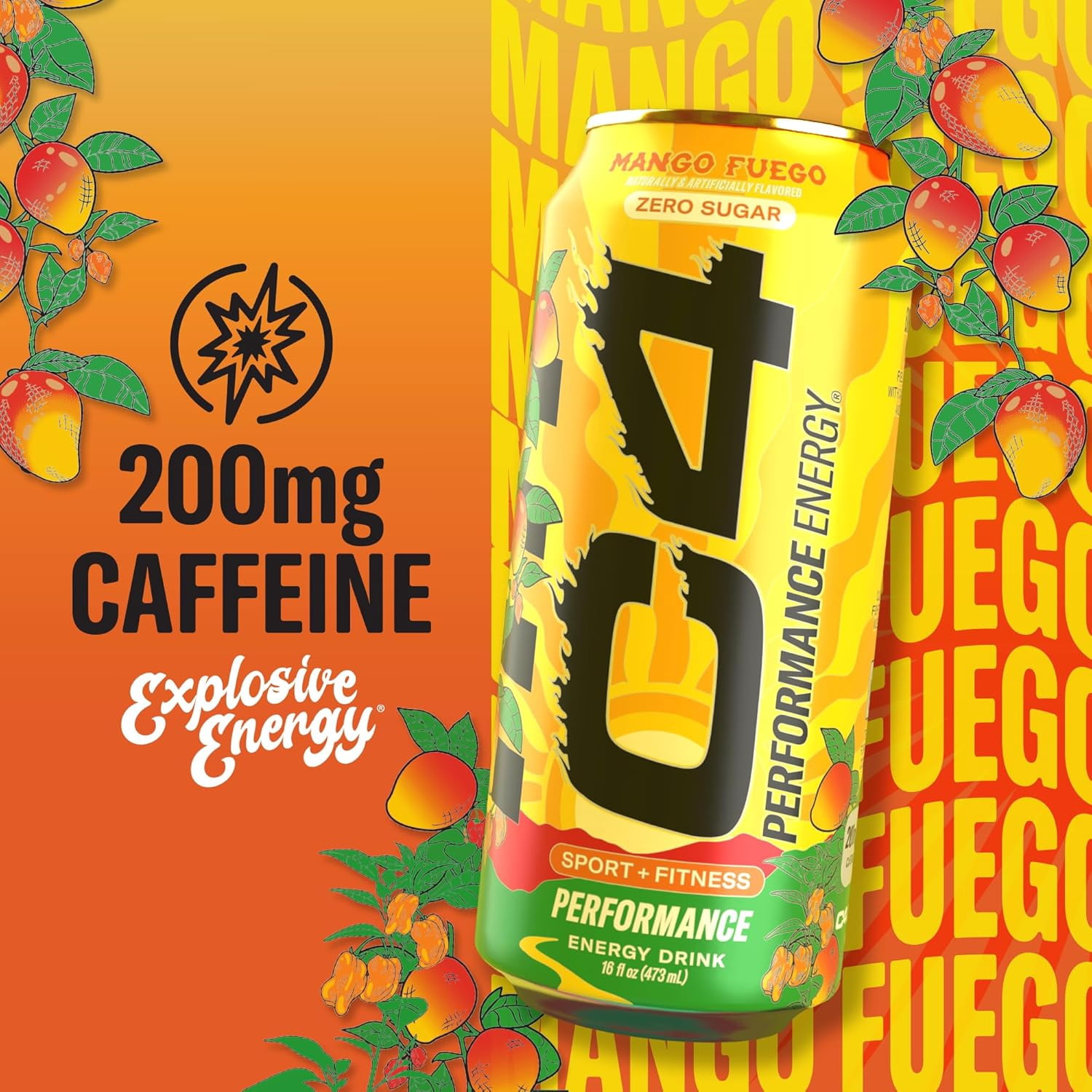 C4 Performance Energy, Sport & Fitness Energy Drink, Mango Fuego, Zero Sugar, 16 fl oz