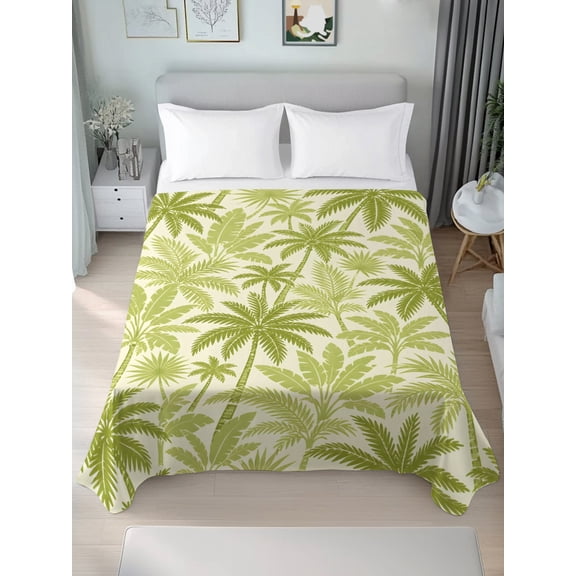 Queen Flat Sheet Only Summer Tropical Palm Tree Soft Microfiber Cooling Bedding Sheets Boho Sage Green Leaves Flat Bed Sheet for Hotel,Home Decor