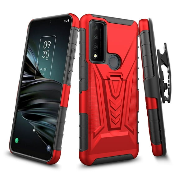 Case for TCL 30 XE 5G Combo 3in1 Rugged Swivel Belt Clip Holster Heavy Duty Tuff Hybrid Armor Rubber TPU with Kickstand Stand Phone Cover fit TCL 30 XE 5G - Red
