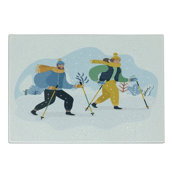 Winter Cutting Board, Scandinavian Inspired Happy Couple Walking on Snow with Ski Elements, Decorative Tempered Glass Cutting and Serving Board, in 3 Sizes, by Ambesonne