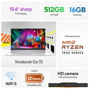 ASUS Vivobook 15.6 FHD PC Laptop, AMD Ryzen 5 7520U, AMD Radeon Graphics, 16GB RAM, 512GB SSD, Cool Silver