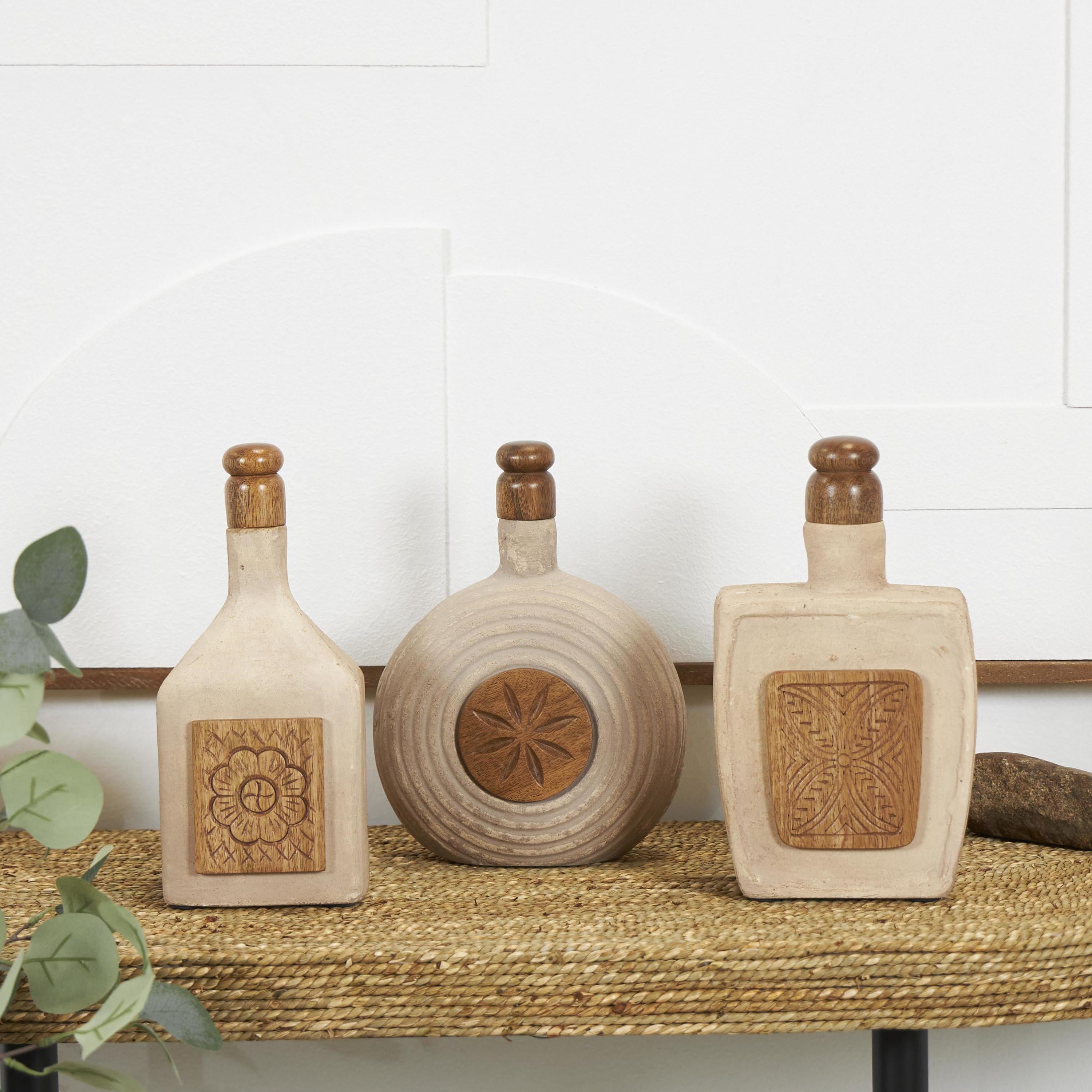 DecMode 6"W, 11"H Brown Paper Mache Floral Decorative Jars with Varying Shapes and Carved Wood Etchings, 3-Pieces
