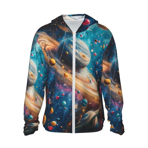 Balery Colorful Planet Universe Sudadera ligera de manga larga con capucha y protección solar UPF 50+ para hombre y mujer, ideal para pesca y running-Medium