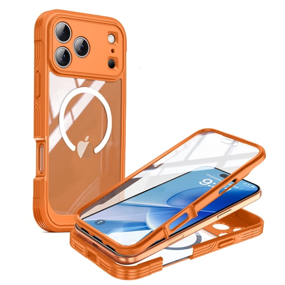 Mynvo Full Body Case for Apple iPhone 17 Pro Max, Built-In Screen Protector Compatible with Magsafe Magnetic Clear Back Shock-Resistant Protective Cover, Orange