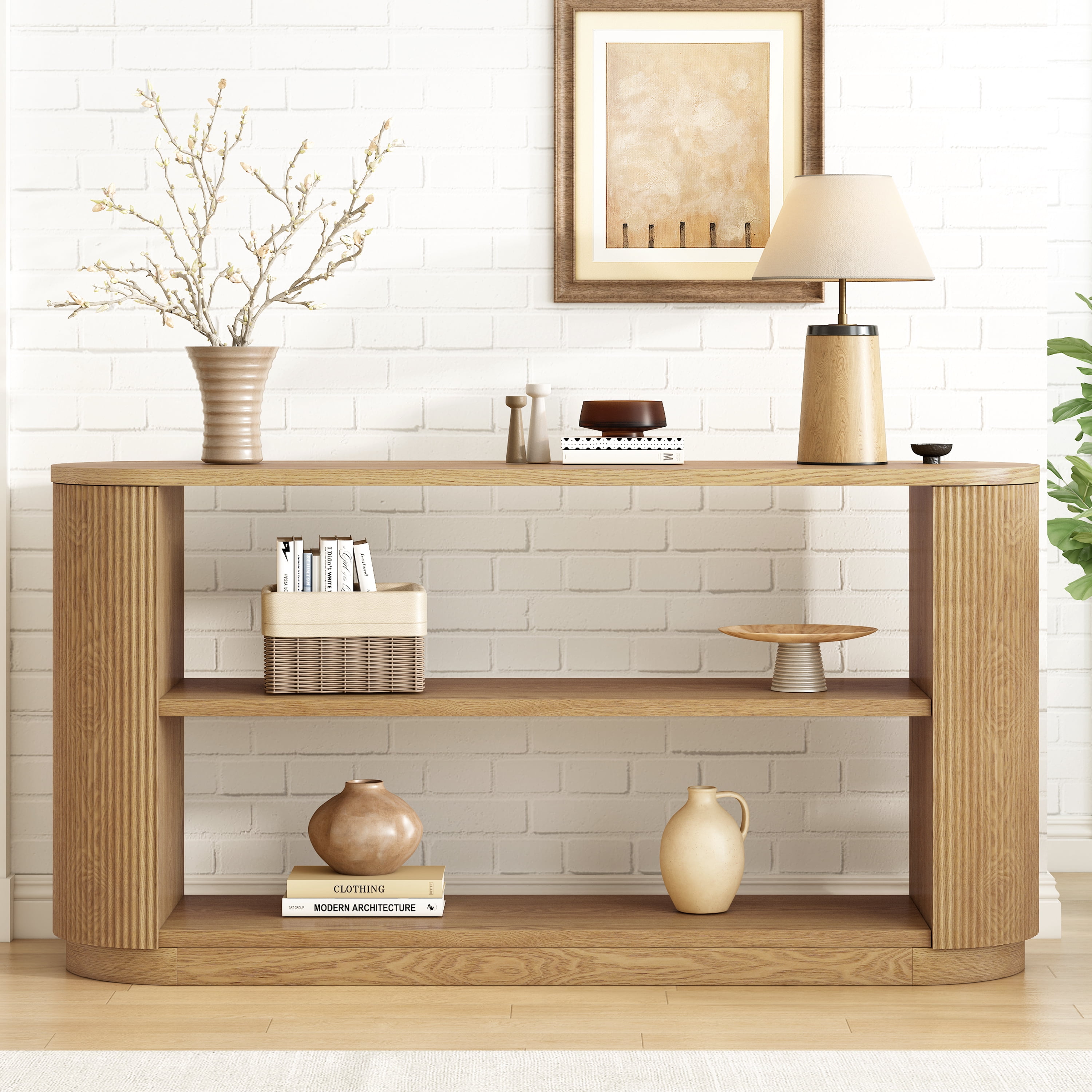 EUROCO 58" Modern Console Table, 3-Tier Sofa Table Behind Couch Accent Tables with Open Shelf & Elegant Wood Grain,Hallway Table for Living Room,Natural