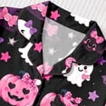 thumbnail image 5 of CUZIBR Toddler Pajamas For Girls Halloween Short Sleeve Bow Print Button Down Shirt And Shorts 2 PC Sleepwear Ghost Pumpkin Spider Graphic Lapel Smooth Cozy Party Daily Nightwear,Black,3-4 Years, 5 of 9