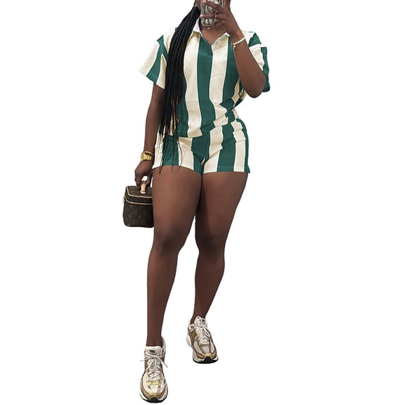 Women's Two Piece Sets Summer Casual Striped Polo Shirt High Waisted Short Workout Jogger Sets Green L