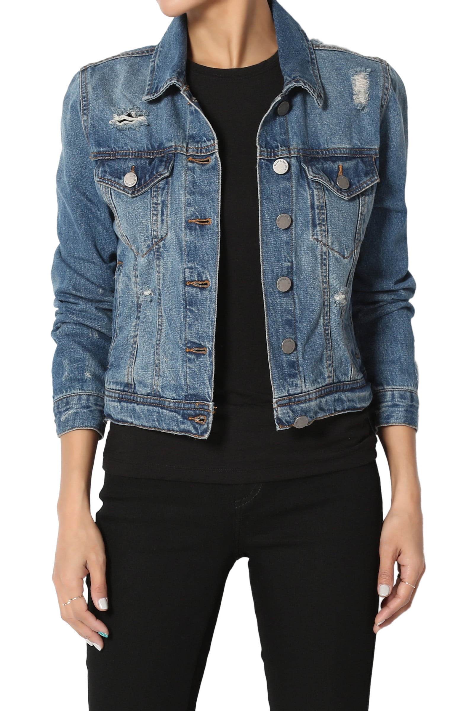 TheMogan - TheMogan Junior's S~3X Vintage Distressed Faded Wash Denim Slim Fit Crop Jean Jacket