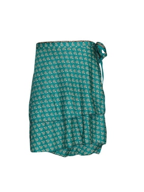 Mogul Magic Wraps Skirt Green Printed Two Layer Reversible Silk Sari Beach Mini Skirt