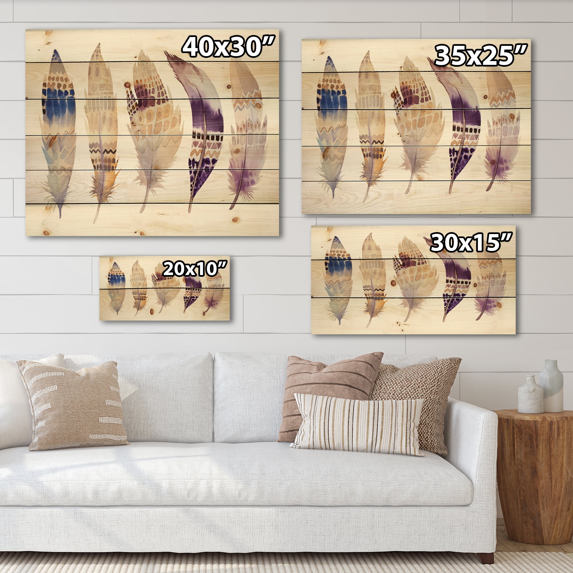 Designart 'Ethnic Purple Boho Art Feathers' Bohemian & Eclectic Print on Natural Pine Wood