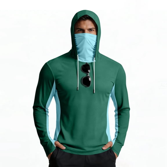 Inglocry UPF 50 Long Sleeve Men Fishing Hoodie with Face Mask Sun Protection Shirt Lightweight Quick Dry UV Rash Guard Shirts 2026 Dark Green XL