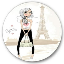 Designart 'Cute Girl By The Tour Paris Eiffel Tower' Children's Art Circle Metal Wall Art 29x29 - Disc of 29