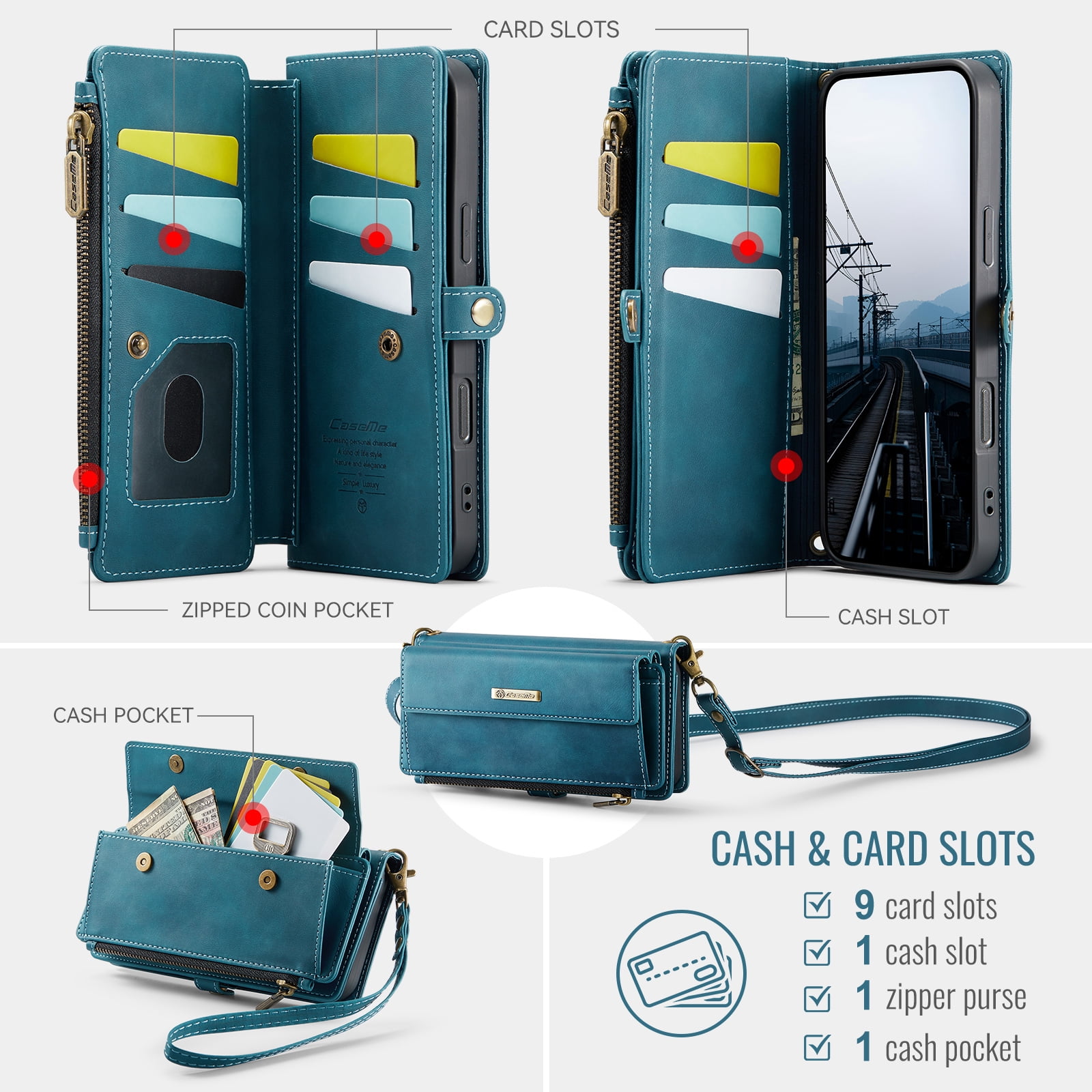 Compatible with iPhone 17 Pro Max Wallet Case, Women Men RFID Blocking PU Leather Flip Cover Zipper Pocket Card Slots Phone Case for iPhone 17 Pro Max, Wrist Strap & Crossbody Strap, Green