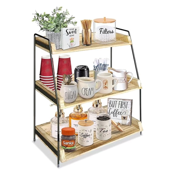 Countertop Coffee Station Organizer, 3 Tier Wooden Shelf for Coffee Bar Accessories, Countertop Shelf for Kitchen, Home, Office(Brown)