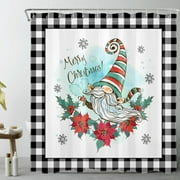 HVEST Merry Christmas Shower Curtain, Snowflake and Cute Gnome on Black and White Plaid Bathroom Shower Curtain Farmhouse Flower Plant Polyester Fabric Decor Curtain with Hooks, 69X70 inch