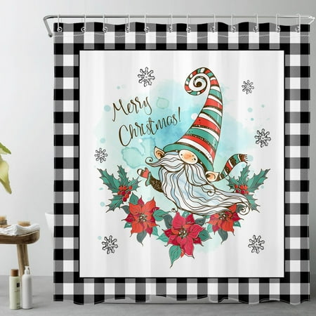 HVEST Merry Christmas Shower Curtain, Snowflake and Cute Gnome on Black and White Plaid Bathroom Shower Curtain Farmhouse Flower Plant Polyester Fabric Decor Curtain with Hooks, 69X70 inch