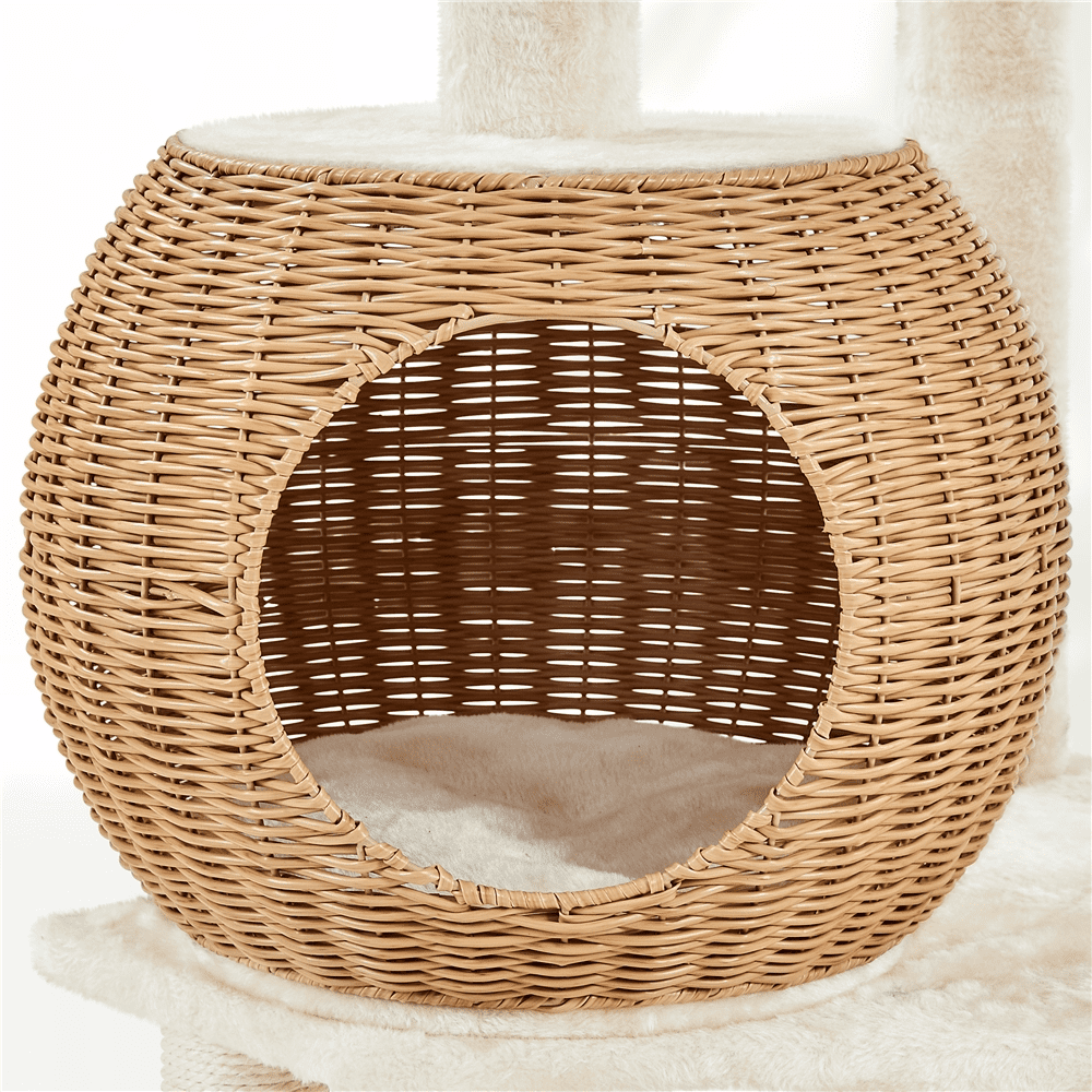 Alden Design 54″ Tall Rattan Cat Tree with Soft Cushion Clear Bowl for Small/Medium Cats, Beige