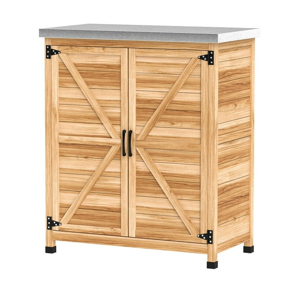 Outdoor Storage Cabinet, Garden Prep Table with Metal Top - Natural Wood, Patio Storage, Workbench with Shelf & Doors