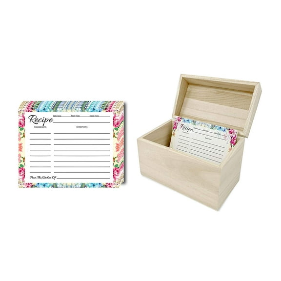 50 ct Floral Recipe Cards Bundle with Raw Finish Wooden Recipe Box