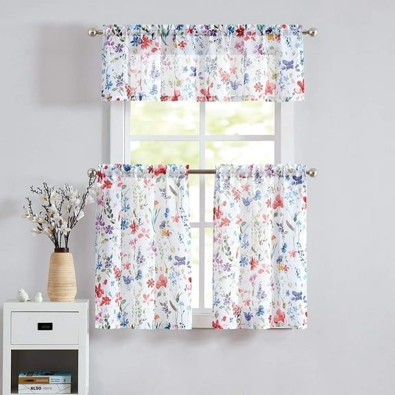 Floral Print Kitchen Curtains 36 inch Length for Cafe Bathroom 3 Piece Semi Sheer Colorful Flower Tiers and Valances Set Rod Pocket,Multicolor