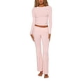 thumbnail image 2 of Elippeo Women Pants Suit, Elegant Long Sleeve Crew Neck T-shirt with Low Waist Flare Pants Office Outfit, 2 of 10