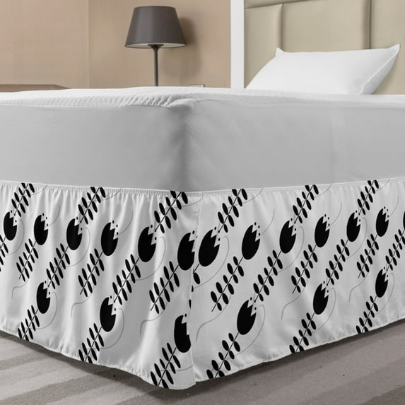 Floral Bed Skirt, Minimalist Toned Tulip Flowers with Leaves Geometric Modern Digital Art, Elastic Bedskirt Dust Ruffle Wrap Around for Bedding Decor, 4 Sizes, Charcoal Grey and White, by Ambesonne