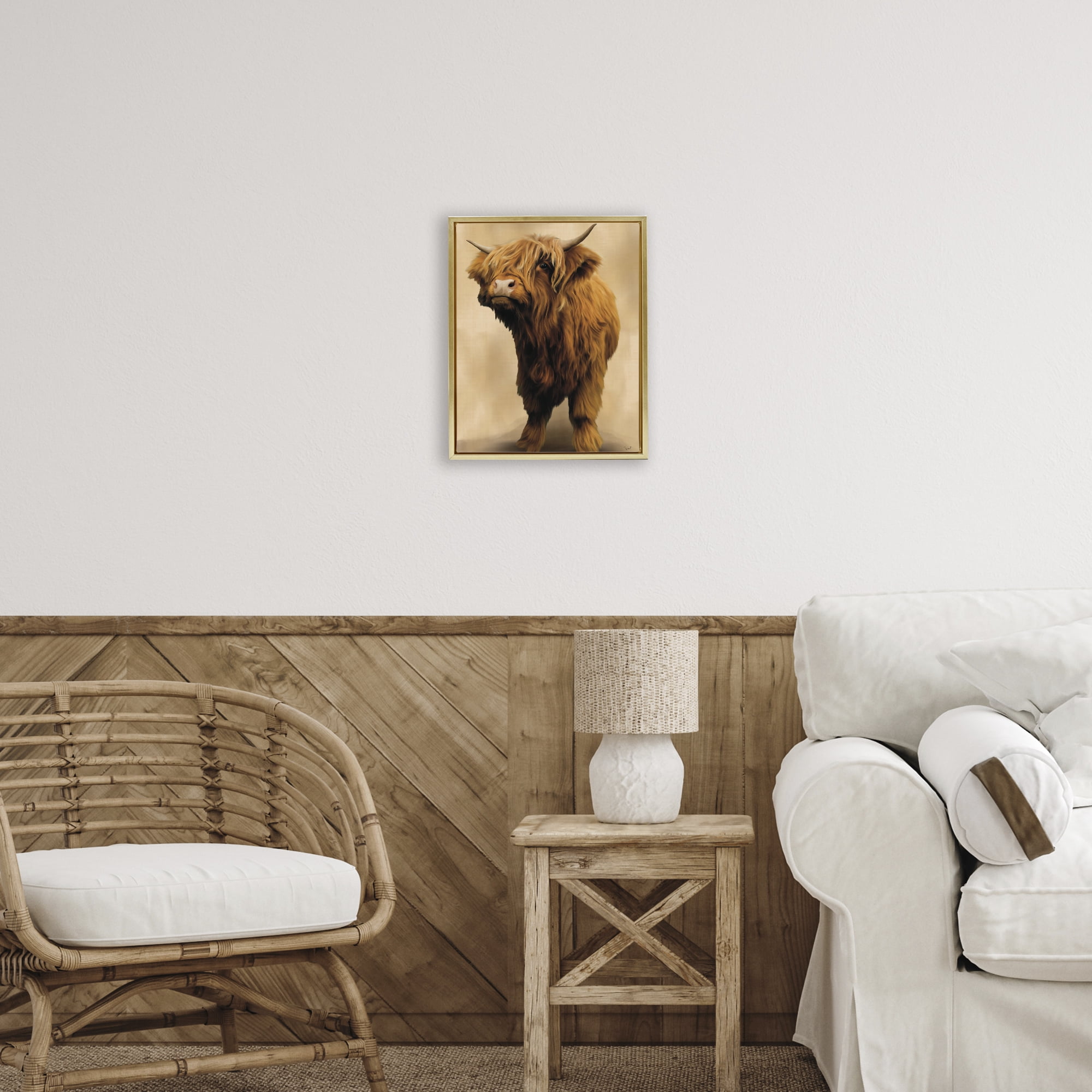 Stupell Industries Mini Highland Cow on Neutrals Gold Framed Floater Canvas Wall Art, design by Renel Peters