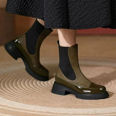 

Women s Shoes Pointed Toe Solid Color Warm Zip Casual Retro Thick Heel Stitching Fashion Ankle Boots