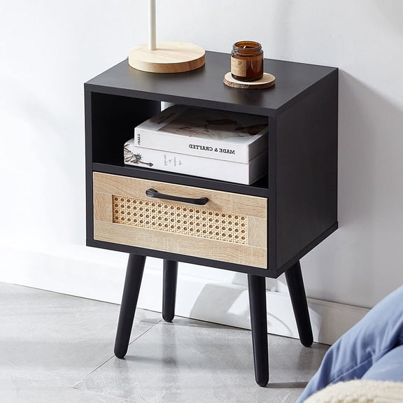 Nightstand,Rattan Small Nightstand for Bredroom, 1 Drawer Storage and Open Shelf Side Table for Bedroom,Living Room,Entryway,Brown
