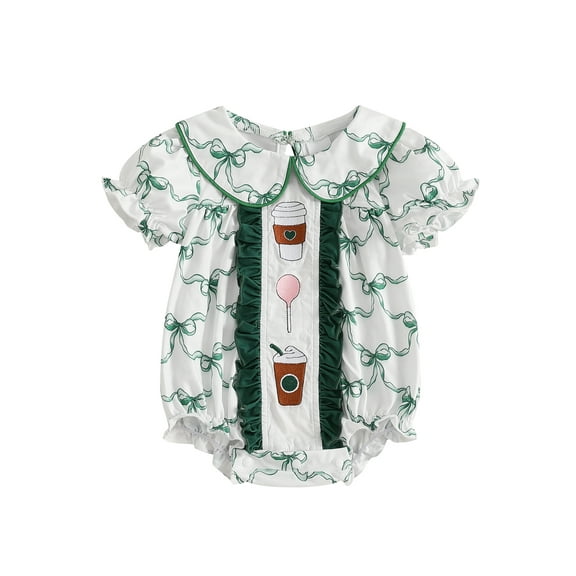 Suealasg Toddler Baby Girls Bubble Romper Short Sleeve Doll Collar Bow Print Bodysuits Infant Spring Jumpsuits