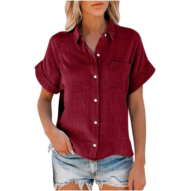 Ichuanyi Womens Cotton Button Down Shirt Casual Short Sleeve Loose Fit ...