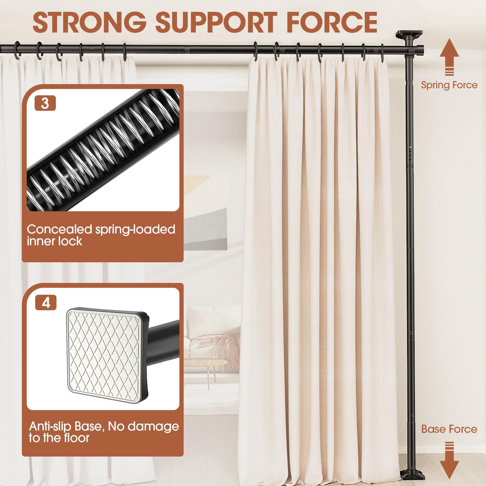 Room Divider No Drilling Curtain Rod Wall Divider for Room Separation, 4-10ft(H) 28-114inch(W) Adjustable, Heavy Duty Partition Space Separator Freestanding Tension Curtain Stand, Black