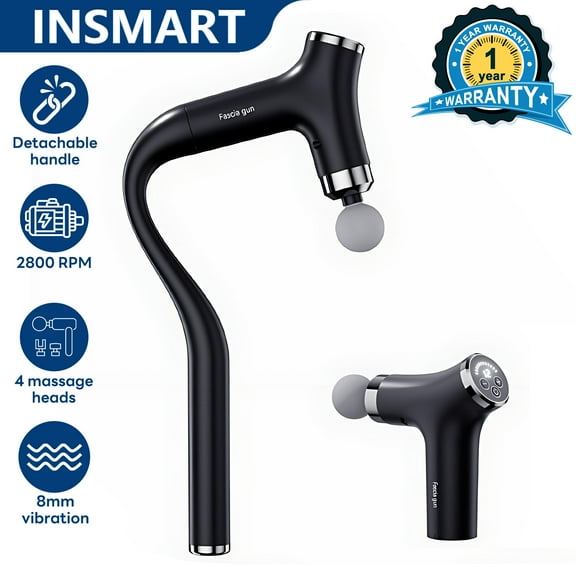 INSMART Massage Gun, 7-Shaped Massager with 15.75in Detachable Handle, 2800 RPM 8mm Deep Tissue Muscle Massager, 12 Speeds LCD for Back Neck Shoulder