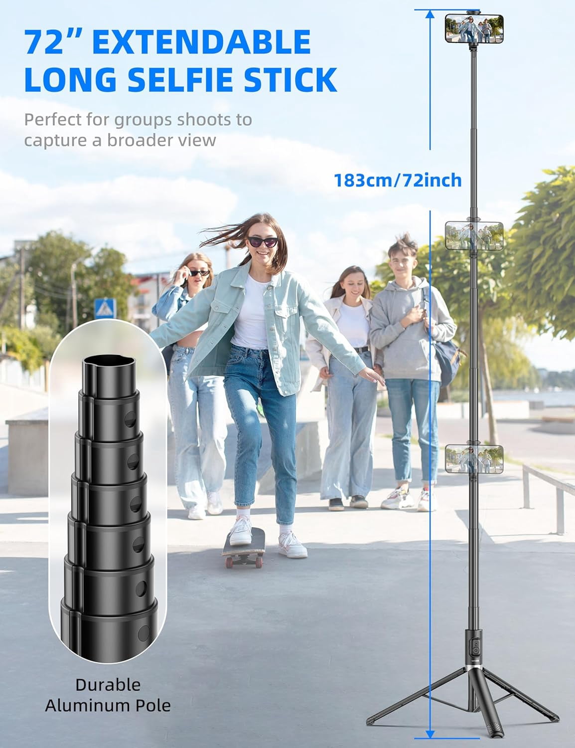 72" Cell Phone Selfie Stick Tripod, Aluminum Selfie Stick All-in-1 with Integrated Remote, Extendable Travel Smartphone Tripod Stand Compatible with iPhone 17/16/15/14/13/Android