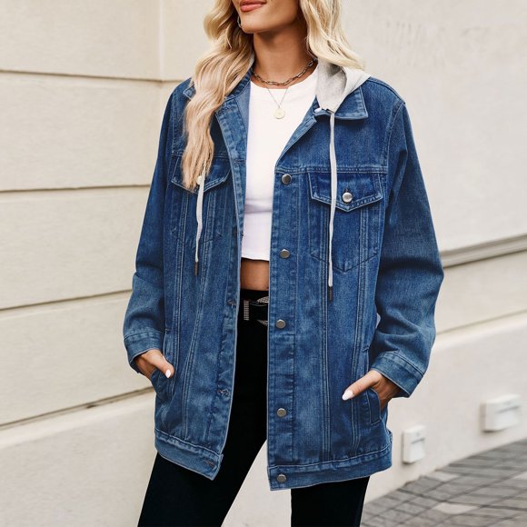 Amzcrzy Denim Jacket Women's Fashionable Solid Color Lapel Long Sleeved Hooded Denim Jacket Top Jean Jacket Jackets for Women Womens Long Sleeve Tops Womens Jacket Women's Clothing Womens Tops