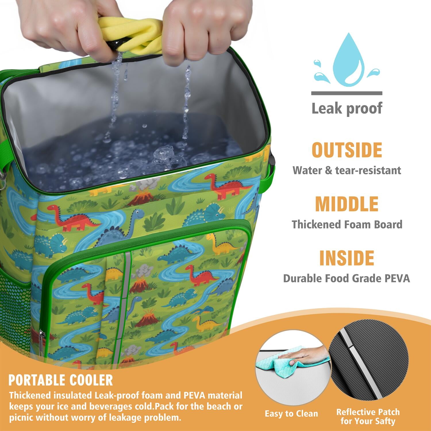 Travel Cooler Bag - Dinosaurs River Volcano Green Pattern Camping Beer Cooler Backpack with Bottle Opener- Waterproof Insulated Picnic Backpacks - Cooler Bag for Beach