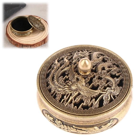 Brass Incense Burner with Dragon Phoenix Lid for Incense Sticks Cones Powder Home Yoga Decor