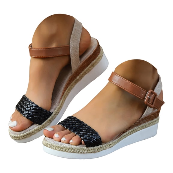 Rokment Women's Woven Braided Leather Wedge Dressy Sandals Beach Trendy Casual Open Toe Espadrilles Platform Chunky High Heels Comfortable Ankle Strap Walking Summer Shoes for Woman Black Size 6.5
