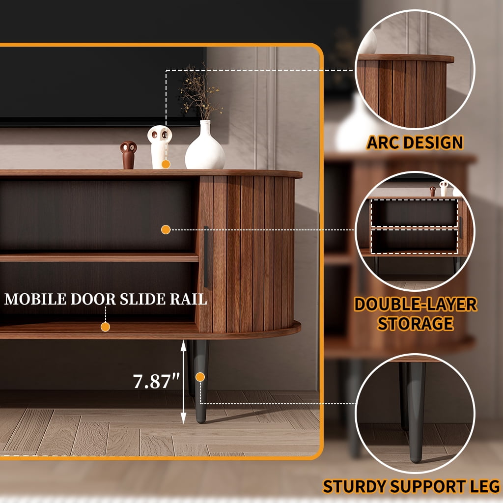 Mid-Century Style Media Stand with Smooth Sliding Door Cabinet, Fluted Design and Curved Silhouette, Sturdy MDF on 5 Wooden Legs, Plenty of Storage Compartments, 55 Inch Wide, Walnut