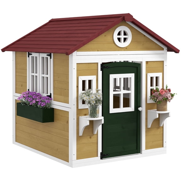 Wooden Outdoor Playhouse for Kids 3-8 with Doors, Windows, Plant Boxes and Planter Pots