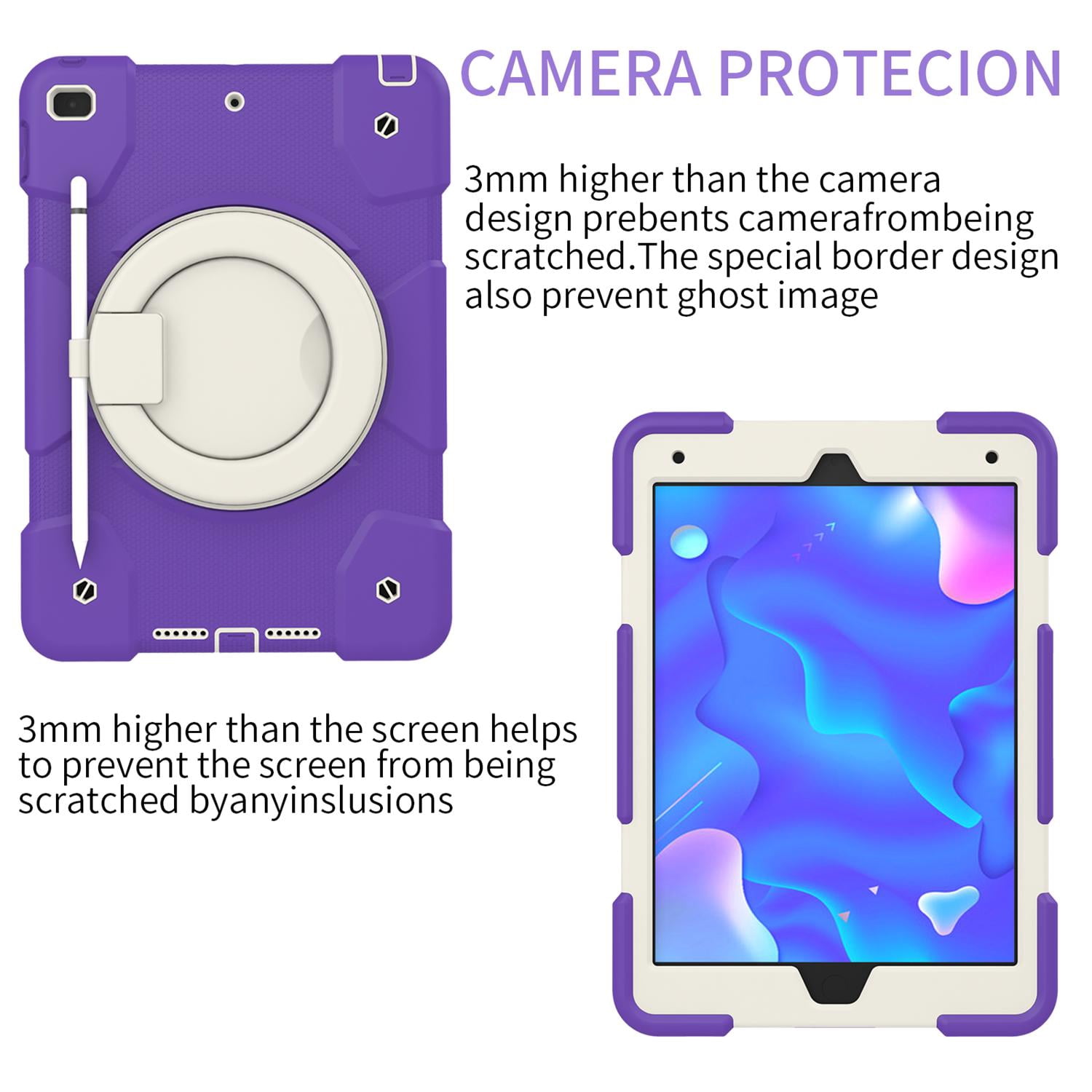 Allytech Case for iPad 9th/8th/7th Generation 10.2", Kids Case with 360° Rotating Folding Ring, Pencil Holder, Strap Drop-Proof Case for iPad 9/8/7 Gen 2021/2020/2019, Catharanthus Roseus