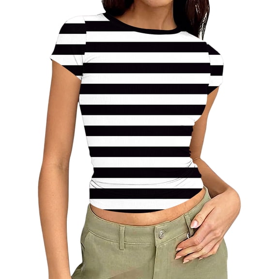Striped Shirt for Women Slim Fitted Short Sleeve Crewneck T-Shirts for Woman Causual Ribbed Tee Stretchy