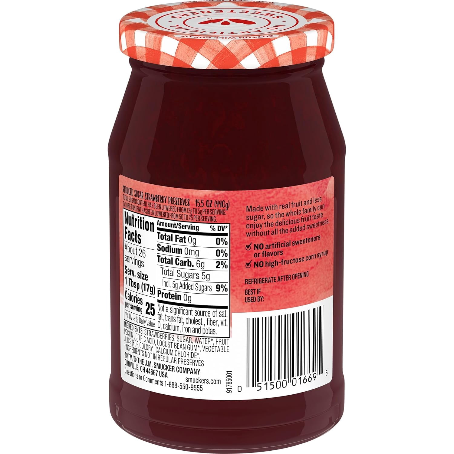 Smuckers Reduced Sugar, Strawberry Preserves, Low Sugar, 15.5oz (12 Pack)