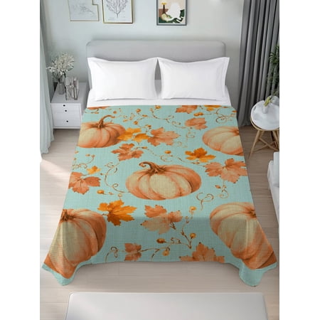 Queen Flat Sheet Only Thanksgiving Autumn Pumpkins Soft Microfiber Cooling Bedding Sheets Retro Blue Background Flat Bed Sheet for Hotel Home Decor